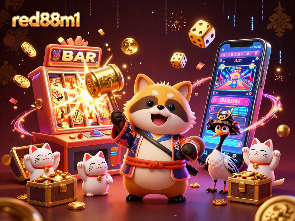 Win big at red88m1 with a joyful tanuki surrounded by slots and vibrant casino elements.