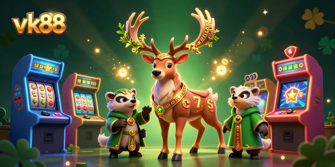 Experience vk88 with an enchanting scene of a Celtic stag and badger amidst casino game symbols.