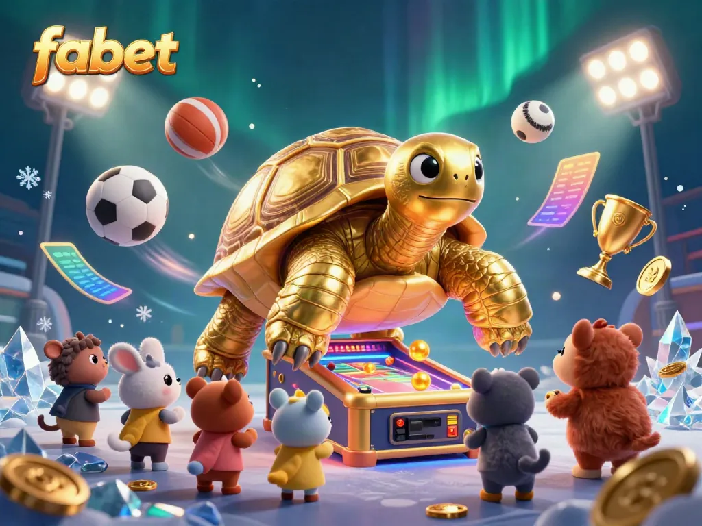 Experience the excitement of gambling at fabet with a vibrant illustration of a colossal pinball tortoise and sports elements.