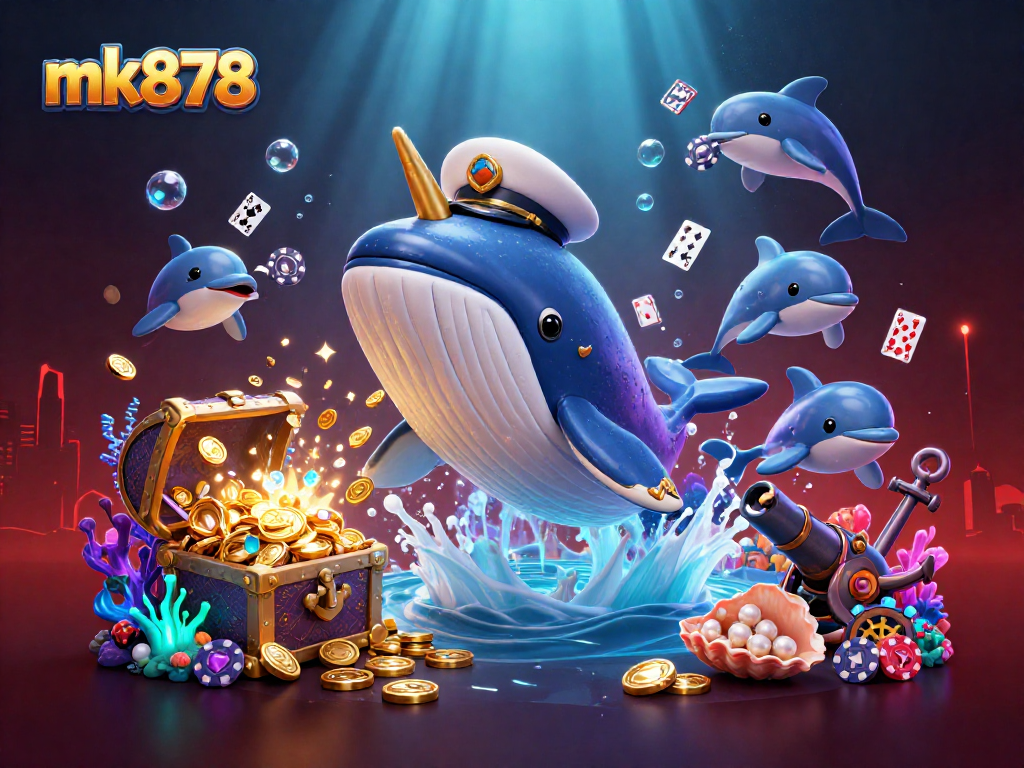 Experience exciting gameplay with mk878, highlighted by a whimsical underwater scene featuring a whale, narwhal, and dolphins.