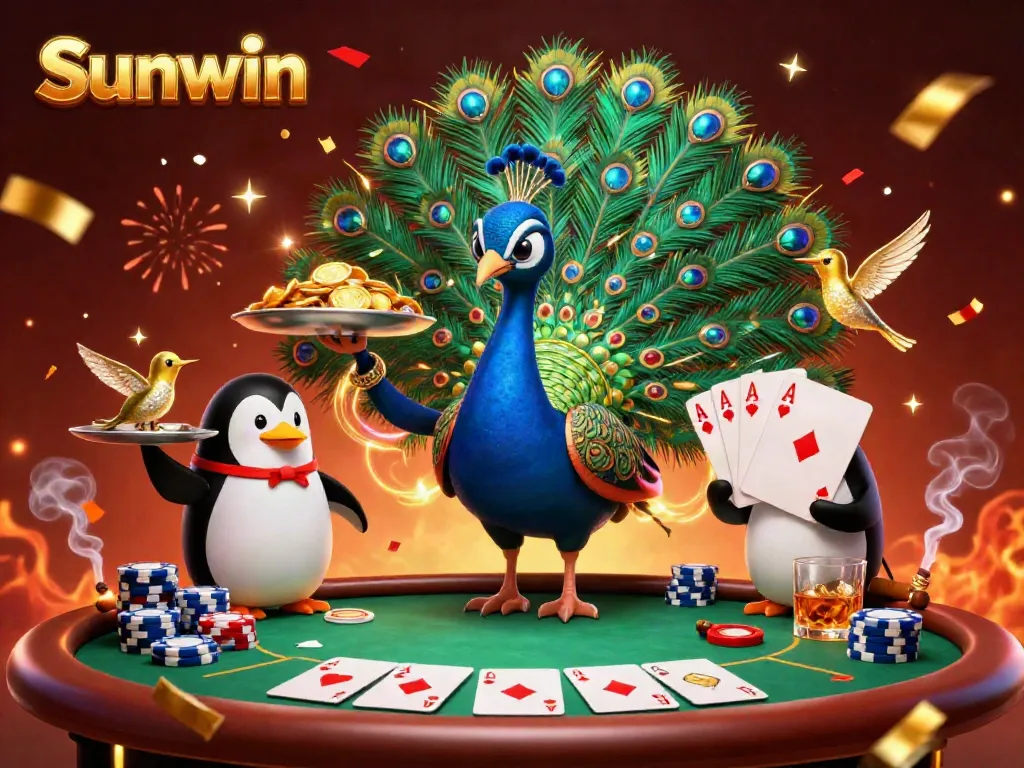 Experience the vibrant world of Sunwin as the peacock showcases its dazzling feathers alongside a butler penguin with casino chips.