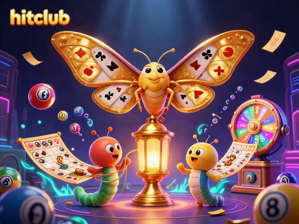 Play exciting games at hitclub with vibrant 3D illustrations featuring lottery balls, bingo cards, and golden moths.