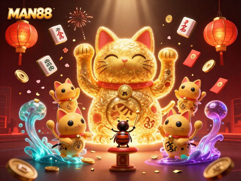 MAN88 showcases an enchanting lucky cat illustration surrounded by vibrant casino symbols.