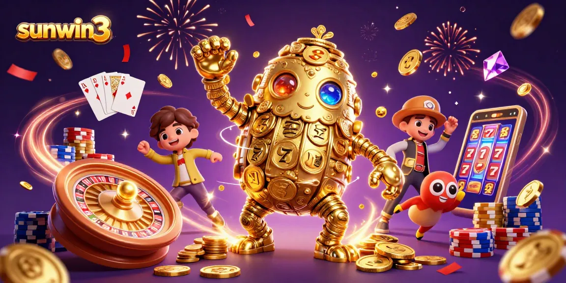 Experience the excitement of sunwin3 with a vibrant 3D casino scene featuring golden coins, cards, and a lively atmosphere.
