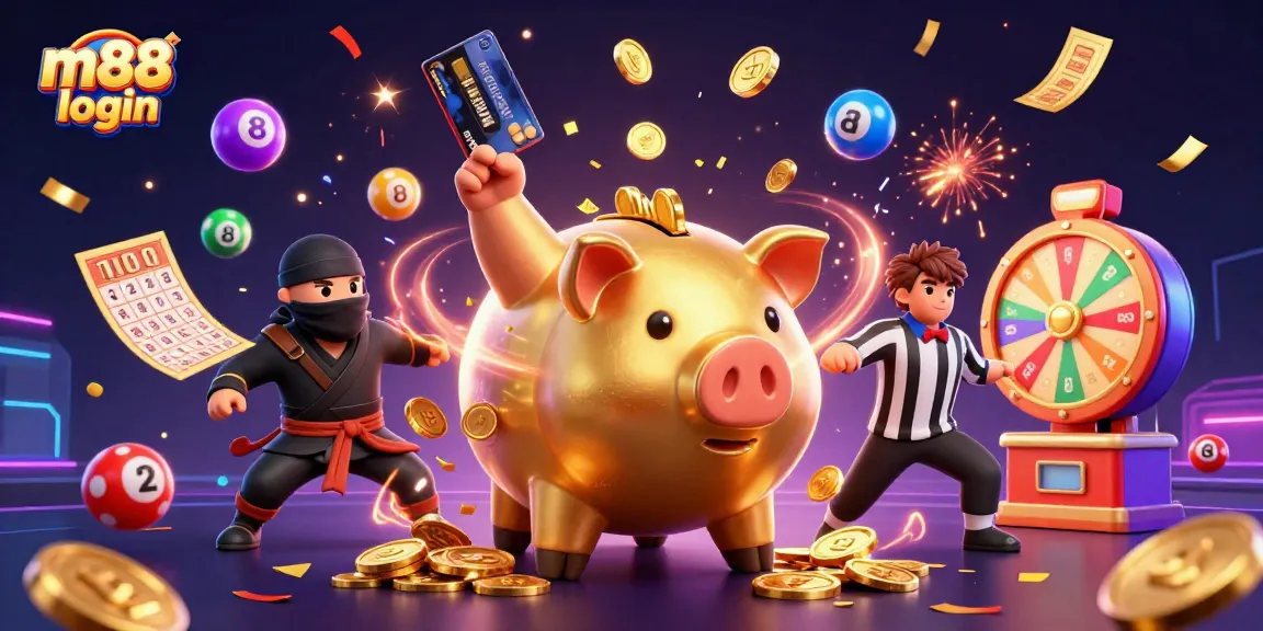Engage in exciting m88 login gameplay featuring a golden piggy bank wrestler and dynamic elements.
