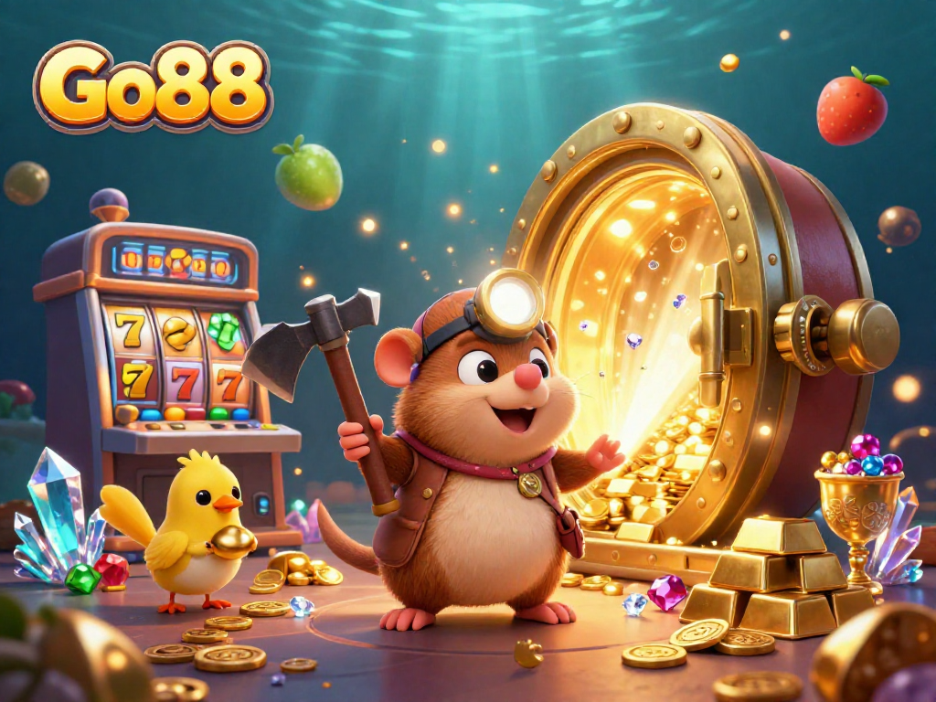 Experience the excitement of Go88's vibrant casino scene, featuring a treasure hunter mole and dazzling slot machines.