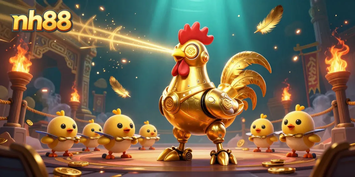 Experience the vibrant world of nh88 with the golden rooster robot in a lively casino scene.