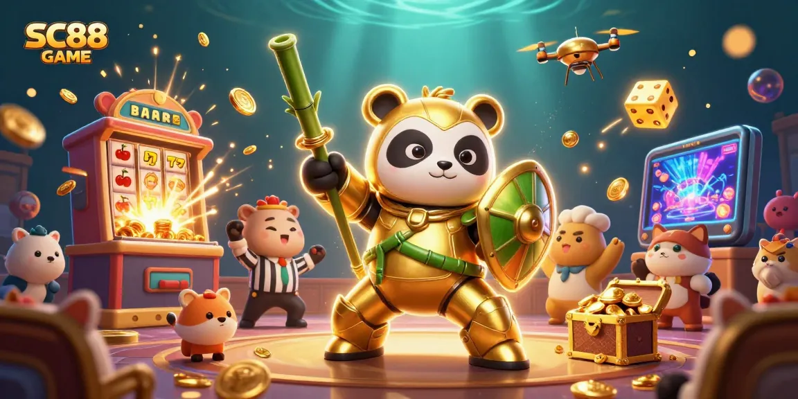 Engage with exciting SC88 GAME as the golden panda pilots a bamboo robot amidst dynamic slots and colorful casino elements.