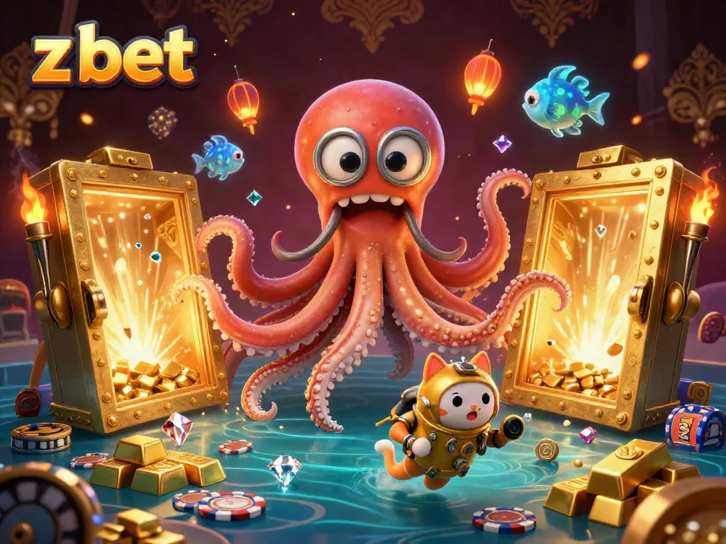 Z bet showcases a vibrant live casino scene with a kraken, diving cat, and gold treasures.