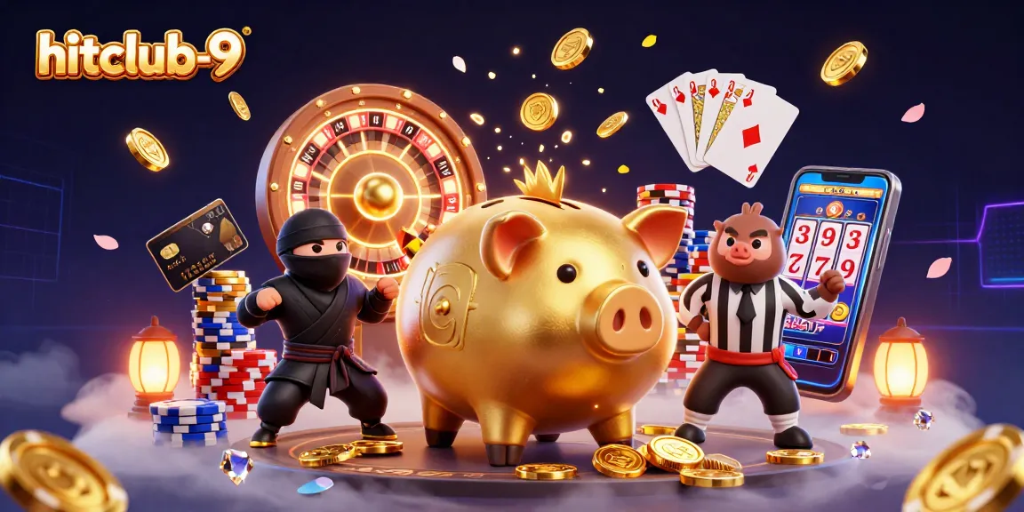 Play the exciting hitclub-9 casino game with a dynamic scene featuring a golden piggy bank sumo wrestler.