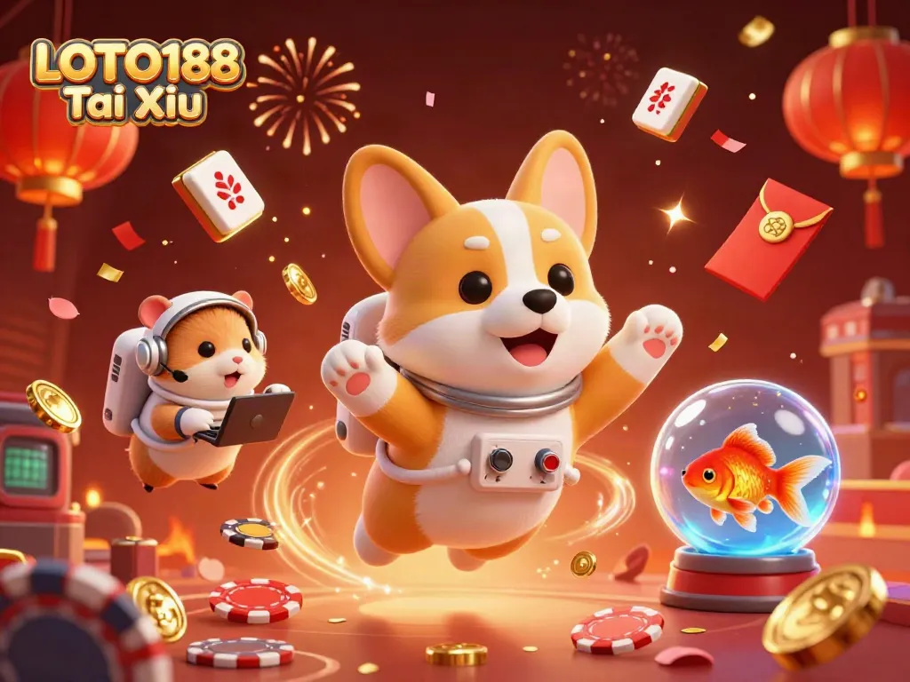 Experience LOTO188 Tai Xiu fun with a corgi in a floating casino adorned with vibrant gaming elements.
