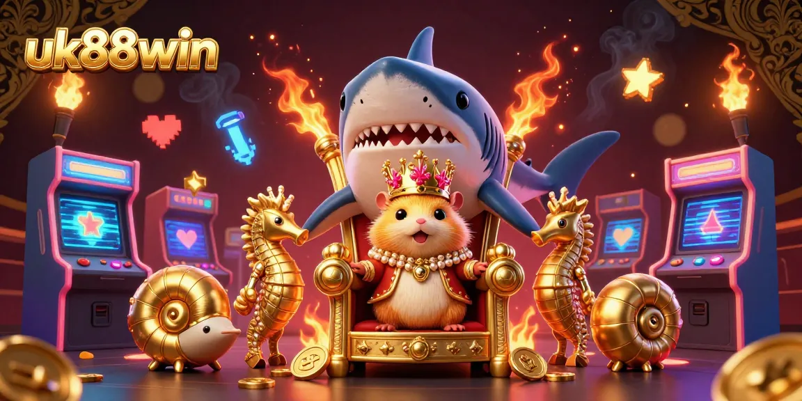 Engage with uk88win’s vibrant casino graphics featuring a golden hamster king and arcade game elements.
