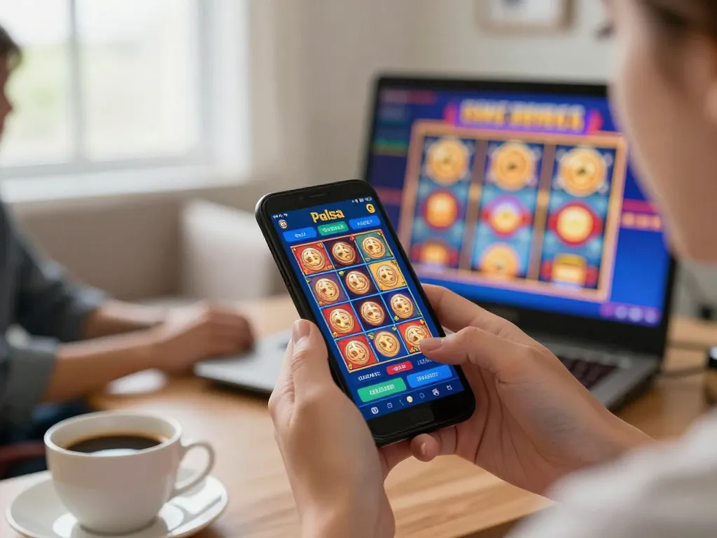 Engaging gameplay using slot pulsa app on smartphone at home, showcasing comfortable gaming experience.