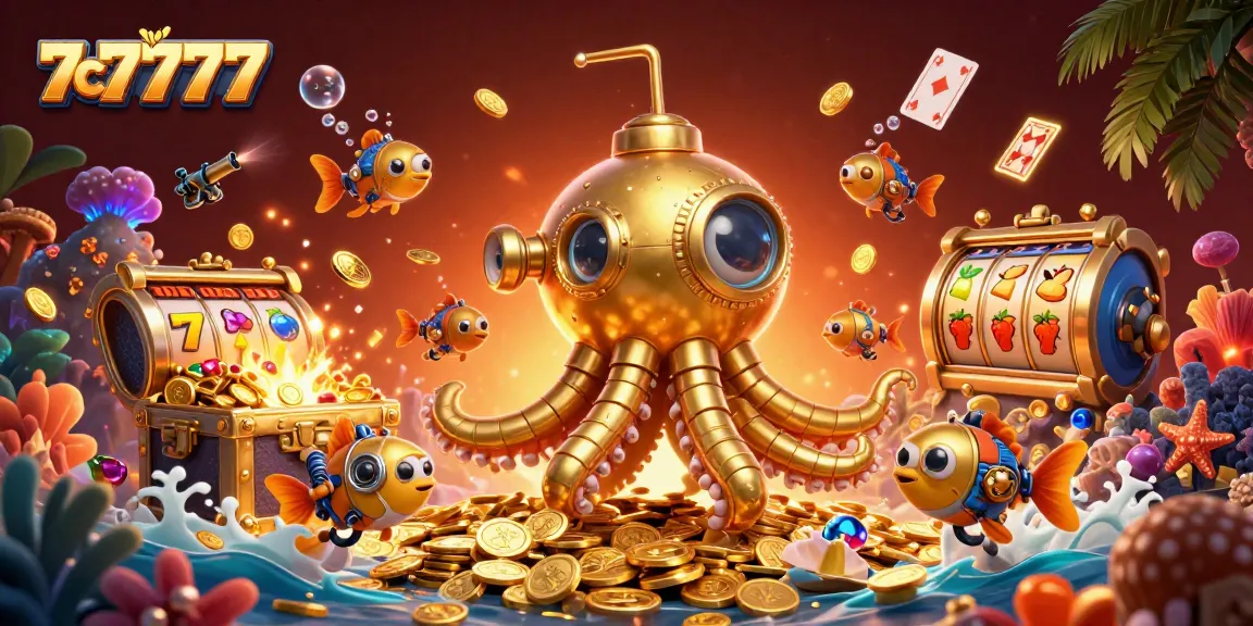 Engaging scene depicting 7c7777-themed slot adventure with a golden kraken submarine amidst gold coins and slot reels.