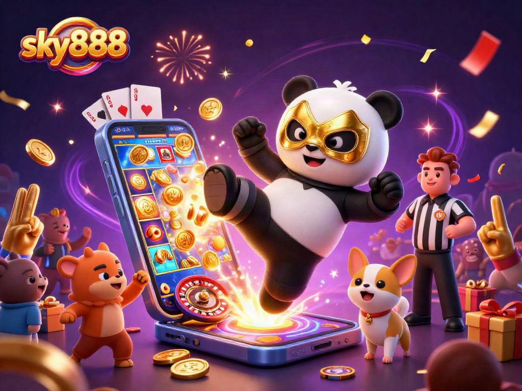 Experience the excitement of sky888 with a vibrant 3D scene showcasing casino fun.