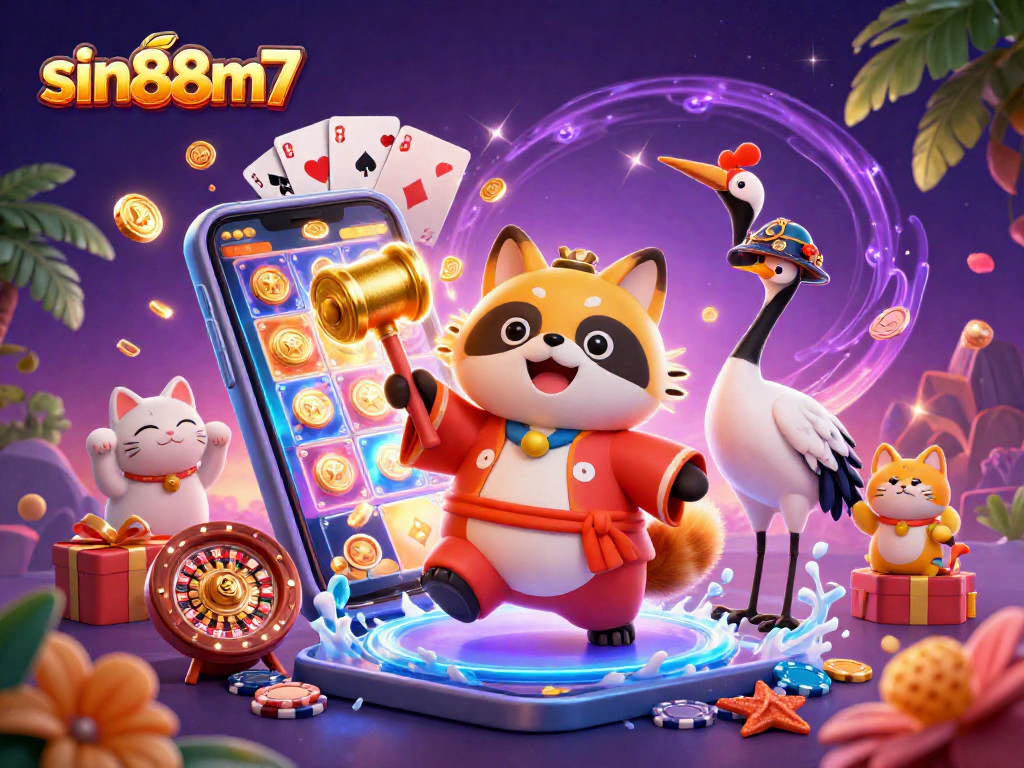 Experience excitement with sin88m7's vibrant casino illustration showcasing cheerful characters and game elements.