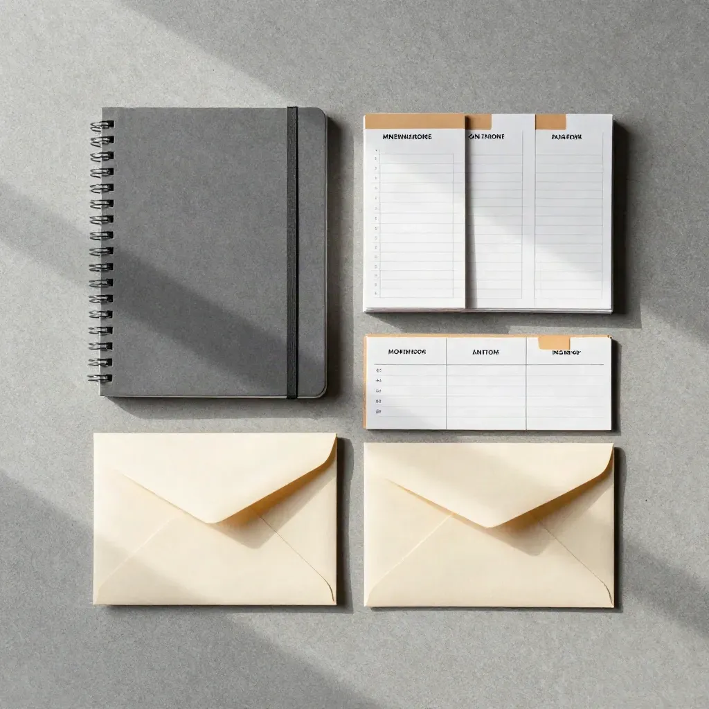 Horní flat lay mentoring balíčku s notesem, kartami, obálkami a rozdělovači na betonu.
