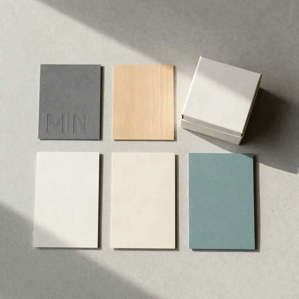 Mini brand kit se vzorníky, složenými kartami a malou krabičkou na světlém betonu.