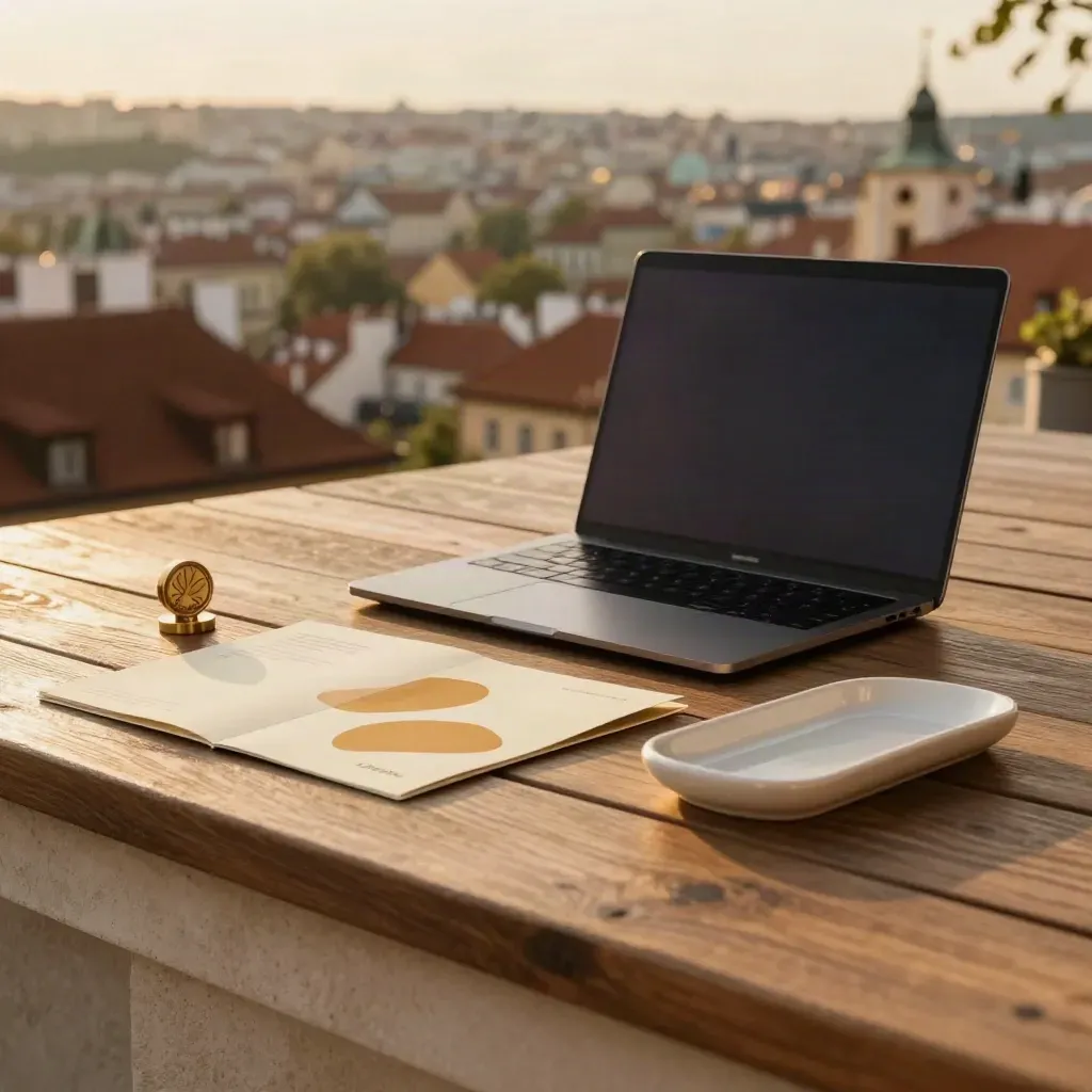 Zlatá terasa s laptopem a startup materiály nad rozmazanou Prahou.