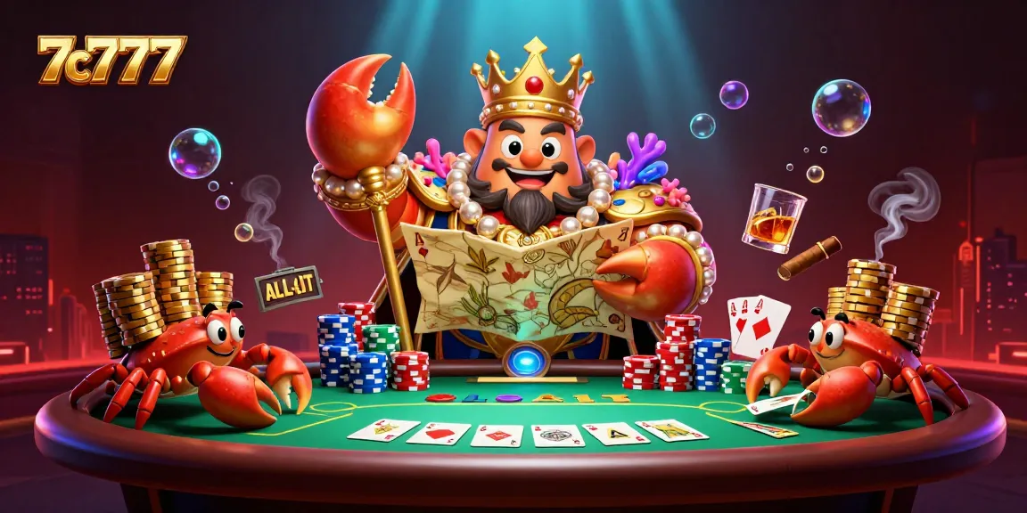 Engage in thrilling poker action with 7c7777, featuring a golden crab emperor amidst vibrant casino elements.