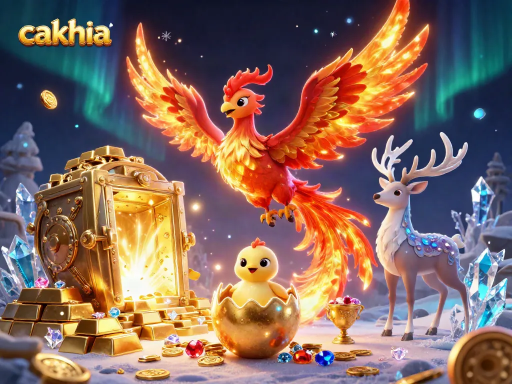 Win big with Cakhia as the phoenix rises, illuminating treasures in a vibrant casino scene.