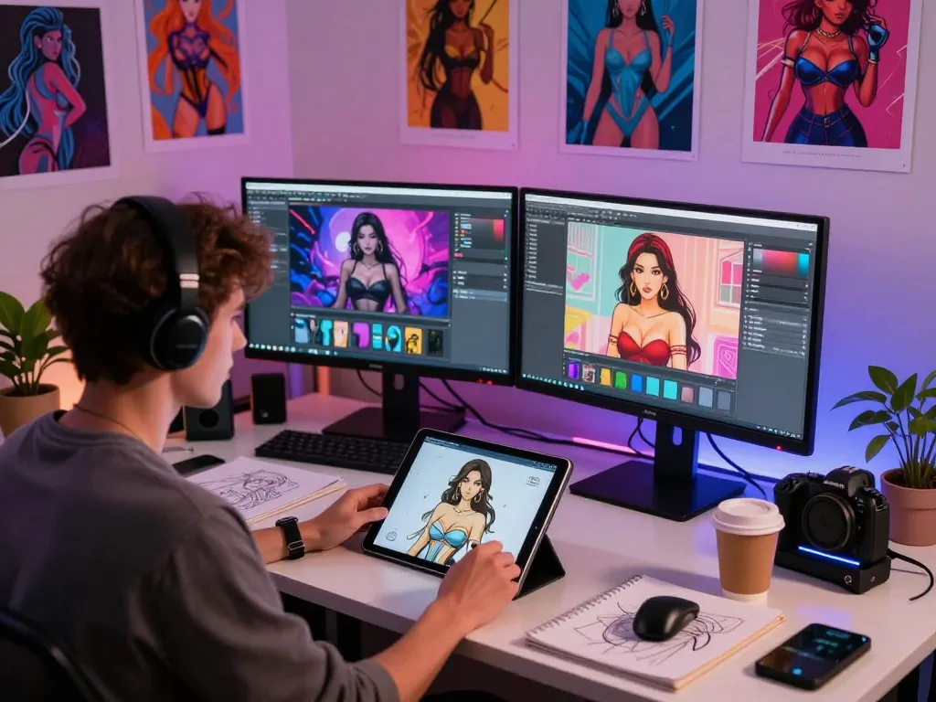 A digital artist creating innovative ai porn animations in a modern studio.