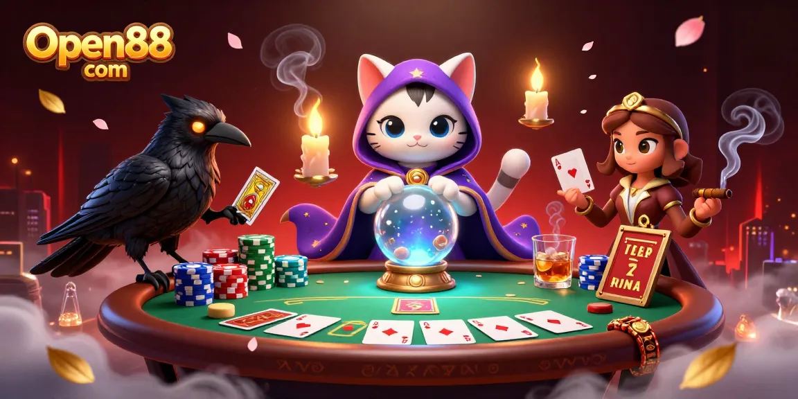 Play exciting casino games with Open88 com featuring poker chips, a mystical cat, and dynamic gaming elements.