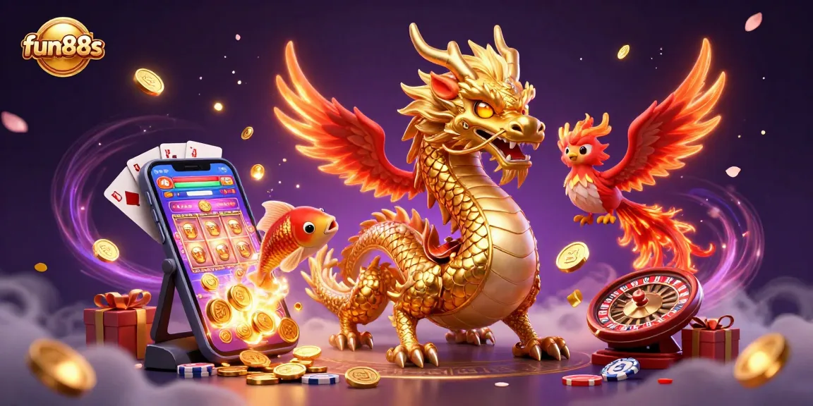 Experience fun88s with an energetic casino-themed illustration showcasing vibrant characters and game elements.