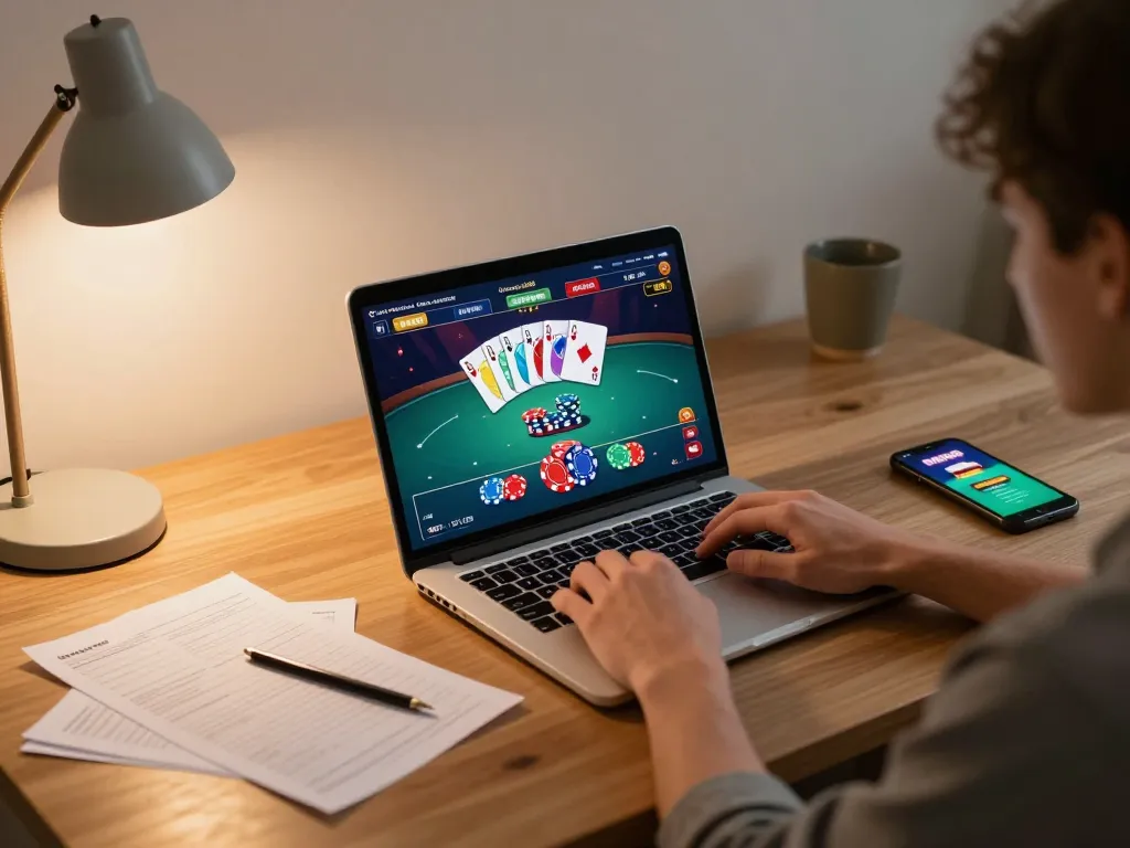 Engaged player enjoying MM88br online poker on a laptop with strategy notes nearby.