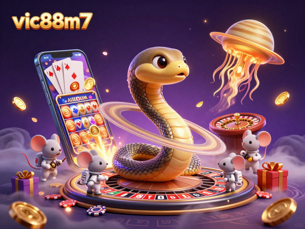 Experience the thrill of vic88m7 with a cosmic roulette featuring 3D characters amidst vibrant gambling elements.