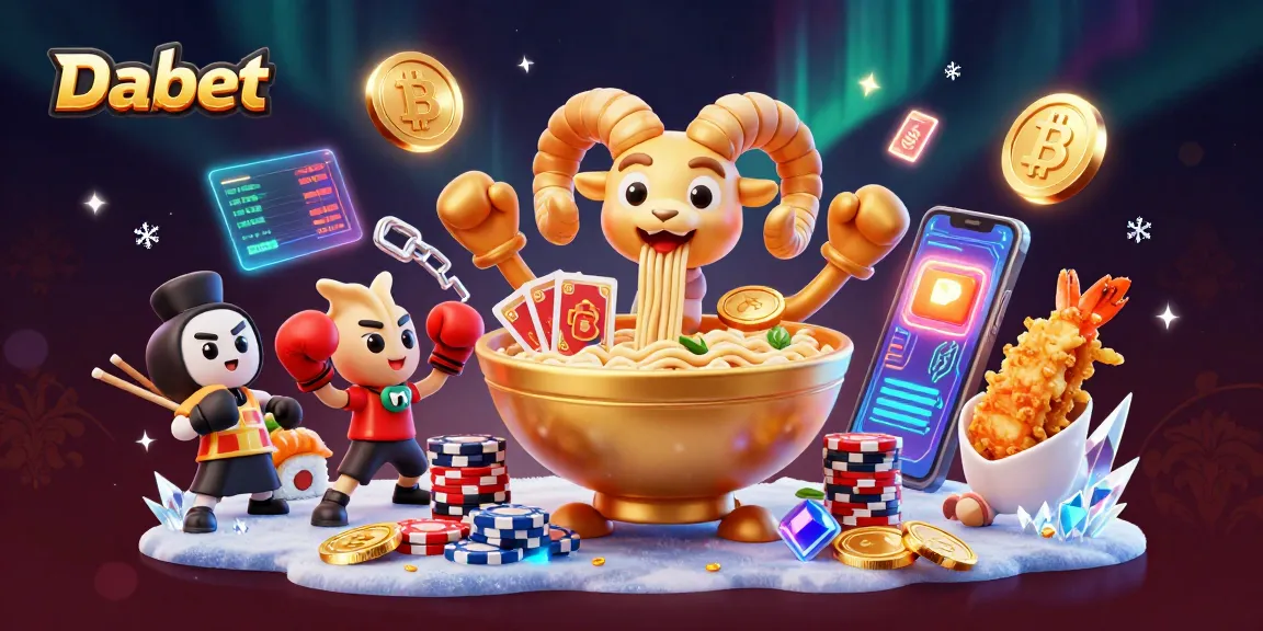 Dabet engages users with vibrant visuals of a giant ramen bowl and energetic characters in a lively casino setting.