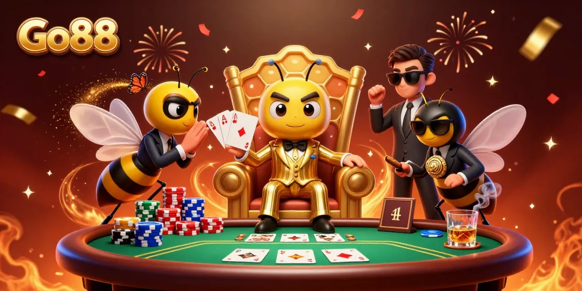 Engage with Go88, a vibrant 3D illustration showing an animated bumblebee mob boss at a poker table.