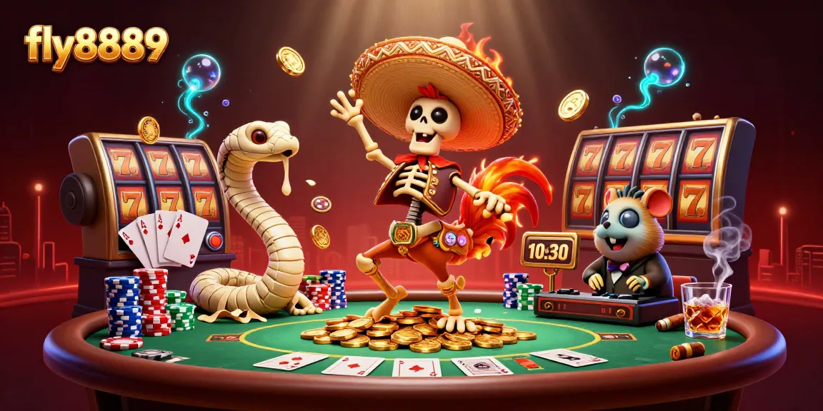 Experience the excitement of fly8889 with a lively 3D casino illustration featuring a mariachi rooster and vibrant gaming elements.