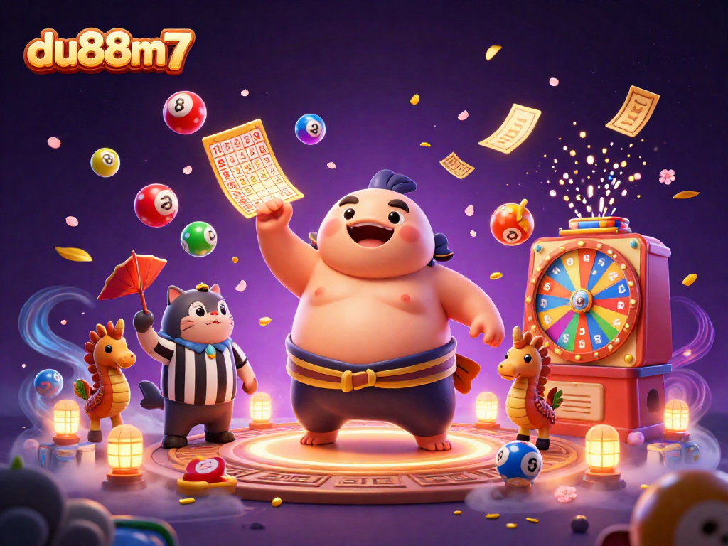 Engage with du88m7 in a lively underwater gambling scene featuring a puffed-up fugu and dynamic lottery elements.