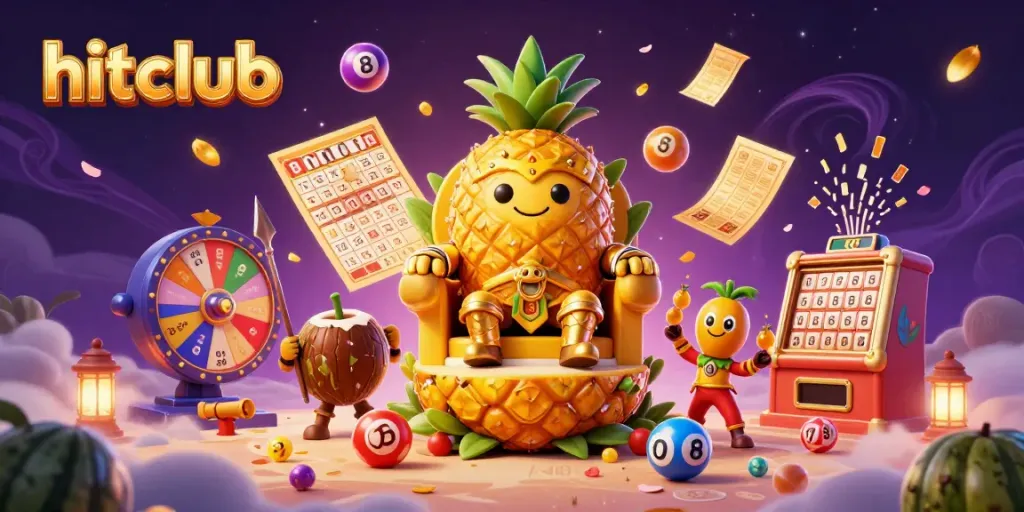 Hitclub's golden pineapple king themed illustration showcases vibrant casino elements and exuberant characters in 3D art.