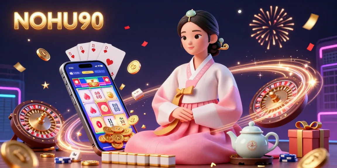 NOHU90 showcases an elegant Asian woman with a serene expression amidst vibrant casino elements, perfect for slot enthusiasts.