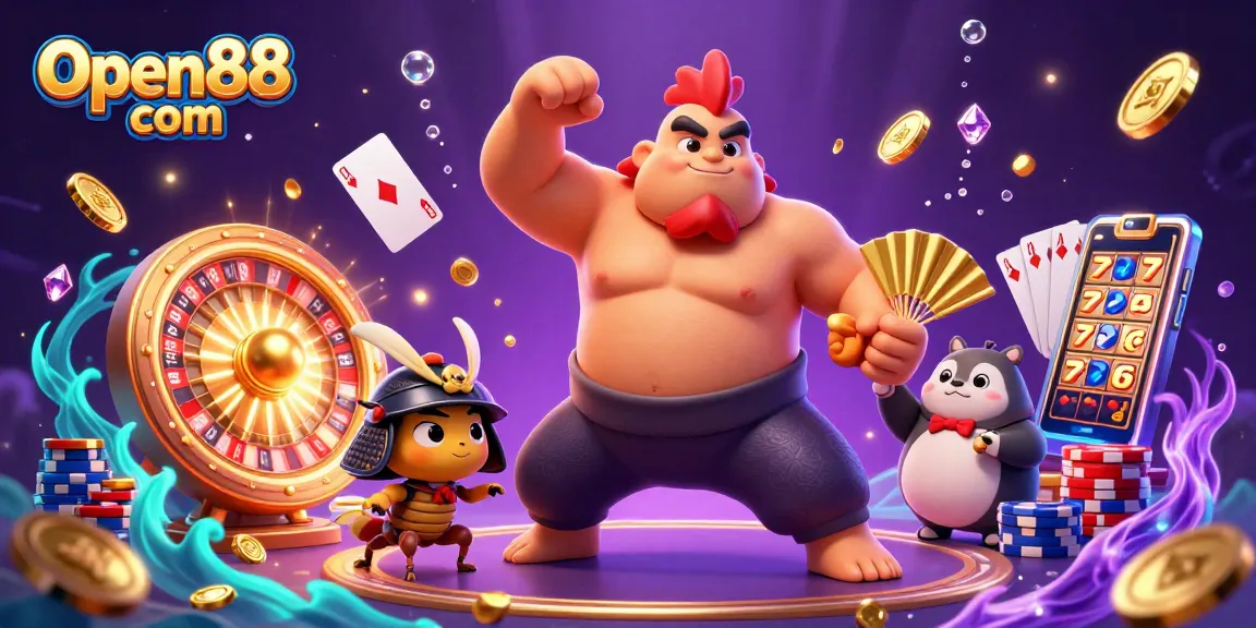 Experience excitement at Open88 com with 3D sumo wrestler, cricket, and tanuki in dynamic casino scene.