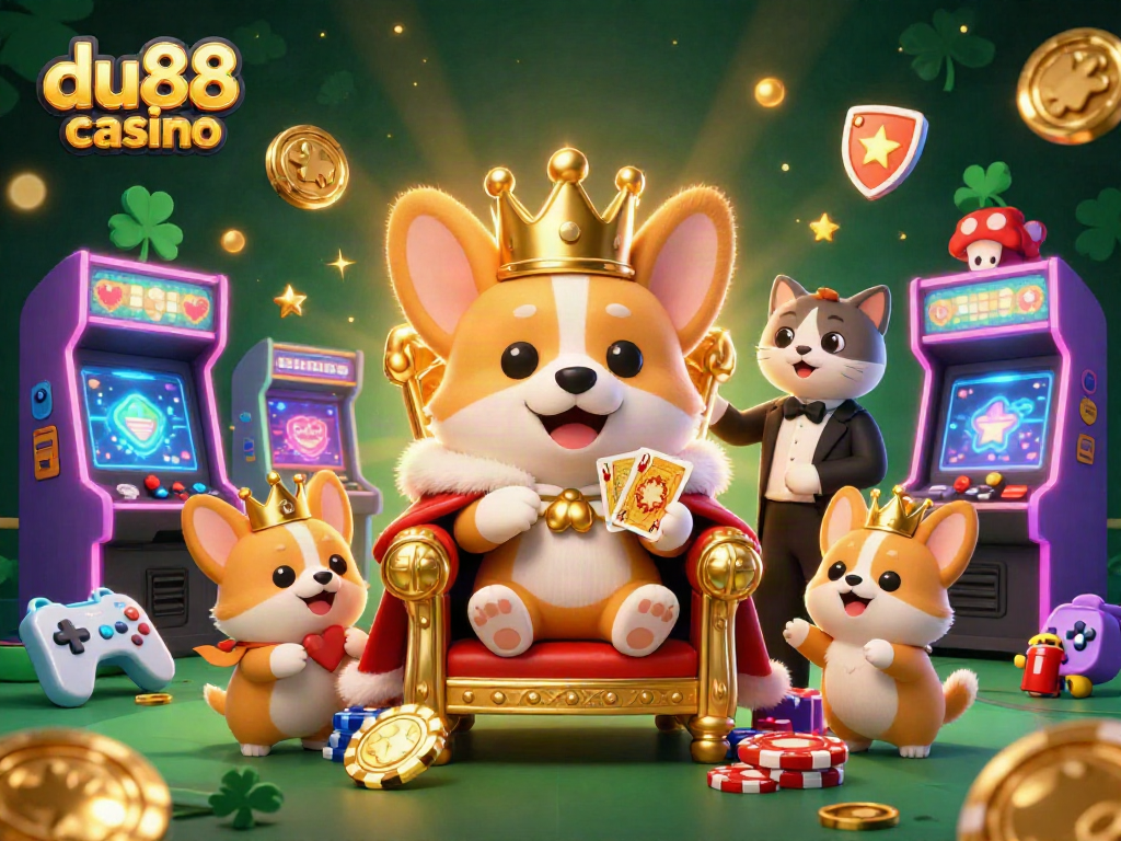 Experience du88 casino's vibrant scene with a crowned corgi on a throne of poker chips.