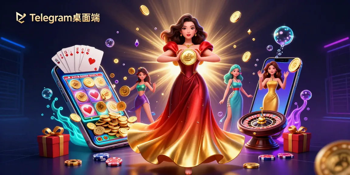 在一个充满活力的赌场场景中，与Telegram桌面端一起加入赢的兴奋，当金色硬币如雨般落下。