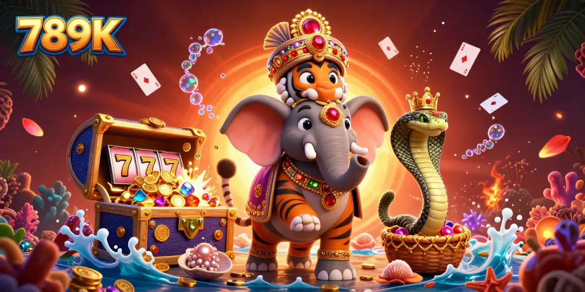 Engage with 789K in a dazzling casino scene featuring a maharaja tiger, elephant, and vibrant game elements.