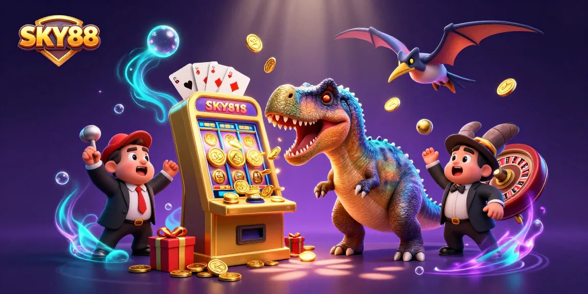 SKY88 illustration of a dinosaur winning coins from a slot machine, capturing casino excitement.