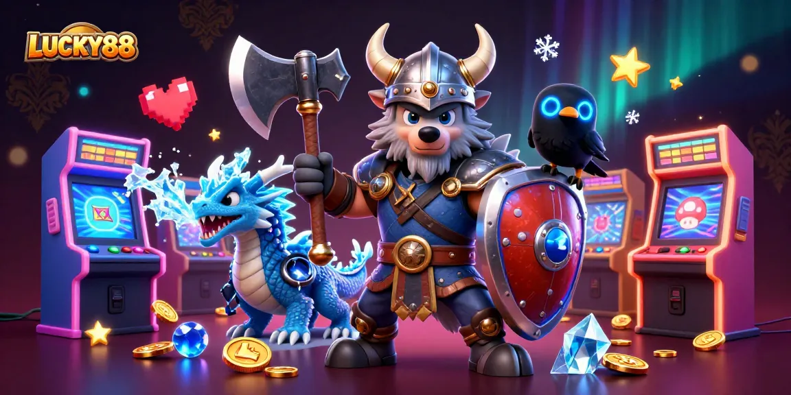 LUCKY88 showcases epic gaming with Viking wolf warrior, dragon, and arcade elements in a vibrant casino scene.