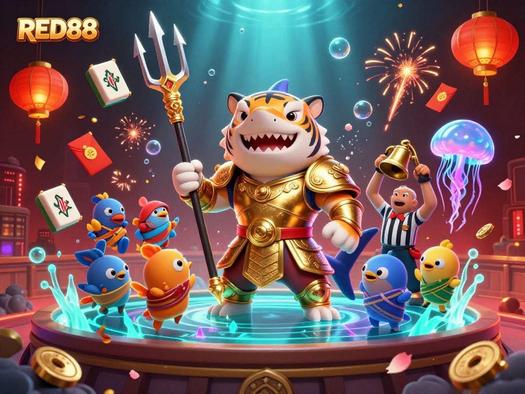 Engage with RED88's dynamic gaming scene featuring a tiger shark in an underwater colosseum.