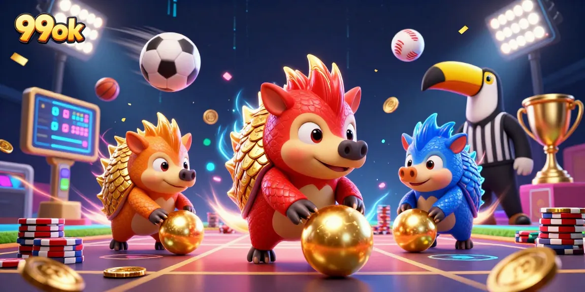 Experience thrilling gameplay with 99ok as rival pangolins roll in a vibrant casino scene.