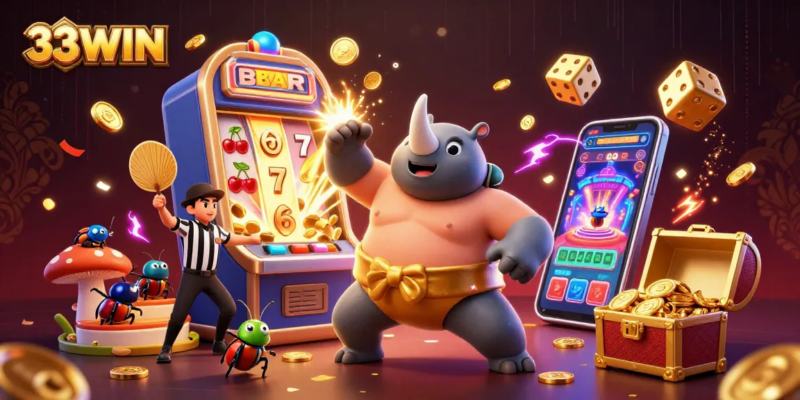 33WIN presents vibrant gambling scene with a rhinoceros beetle champion amid a jackpot explosion, showcasing casino games.