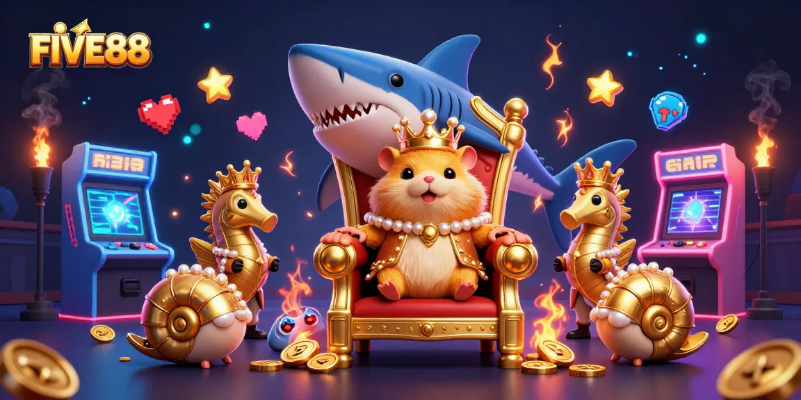 Win big with FIVE88 in a vibrant casino scene featuring a golden hamster king.