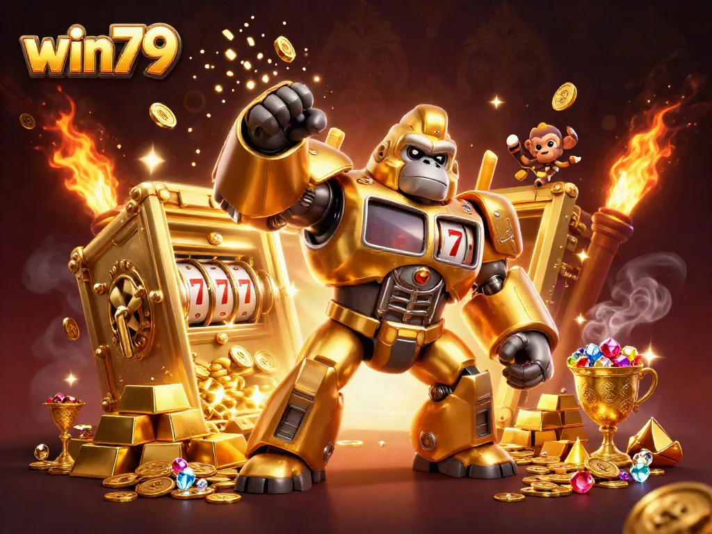 Win79's engaging gaming scene featuring a golden gorilla mech, evoking excitement in online gambling.