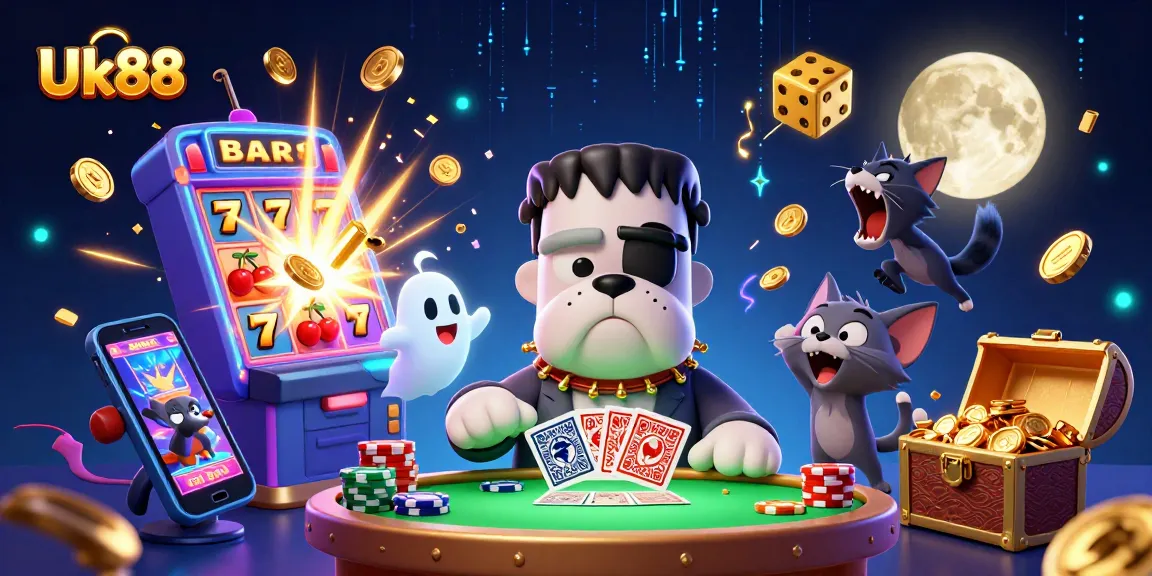 Experience thrilling slots action with Uk88 amidst vibrant 3D cartoon characters and casino elements.
