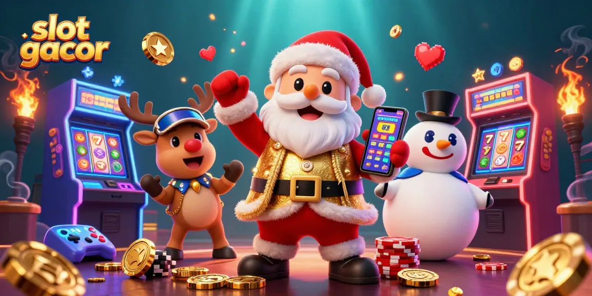 Experience the thrill of slot gacor with Santa and friends in a vibrant casino setting filled with games.