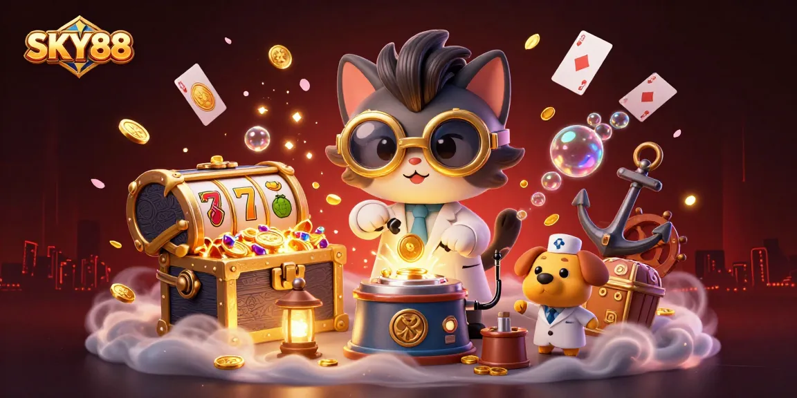 Spin the reels at SKY88 Casino with a whimsical mad scientist cat and loyal assistant in a treasure-filled lab.
